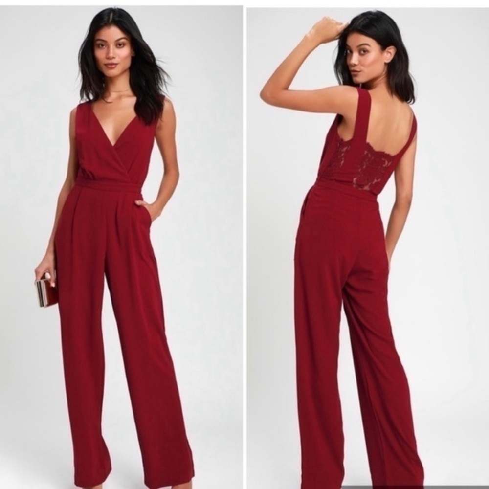 ❗️ LULUS Kiska Burgundy Lace Wide-Leg Jumpsuit